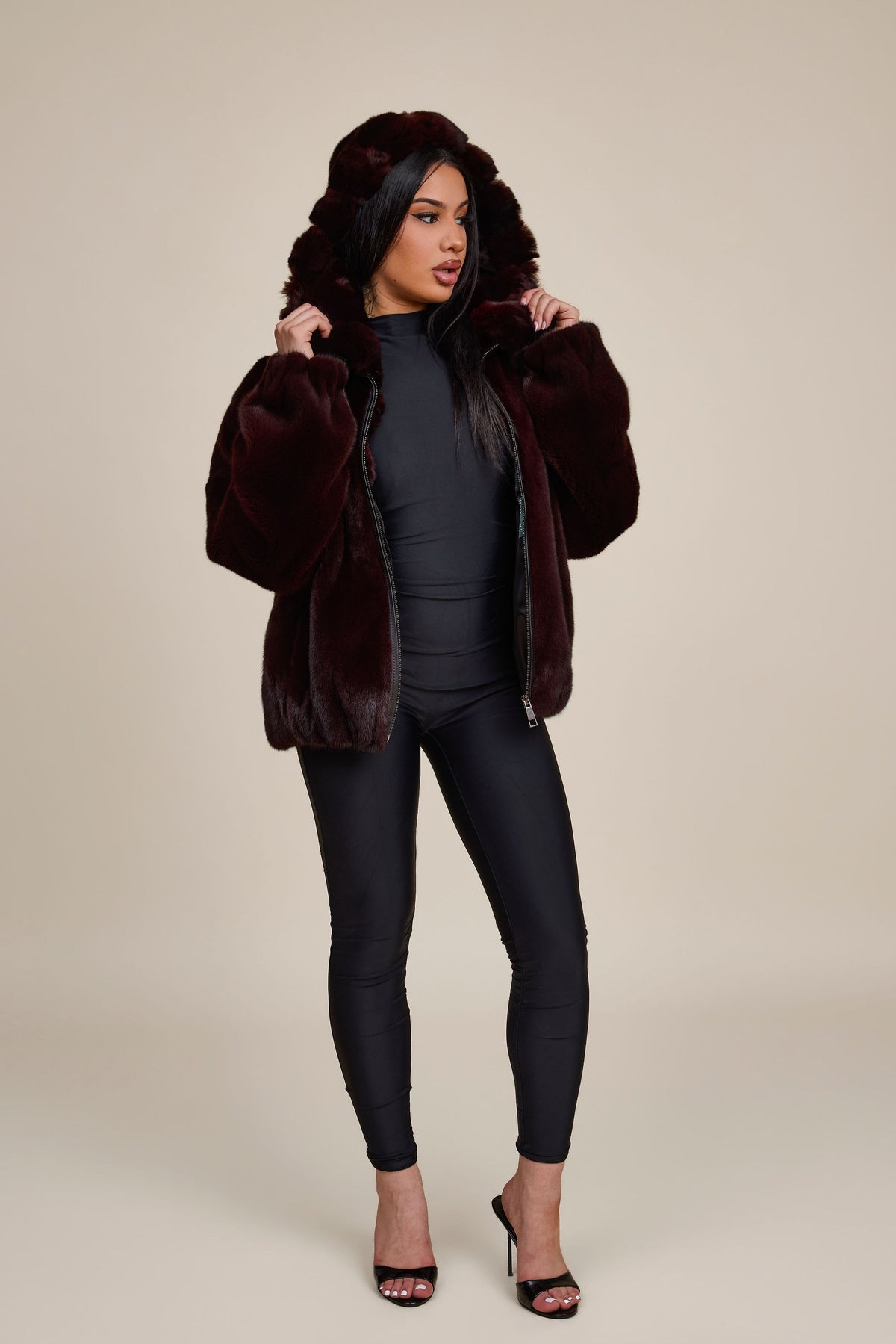 Women's Mink Bomber With Chinchilla Collar And Hood [Burgundy]