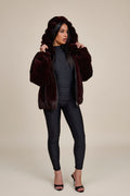 Women's Mink Bomber With Chinchilla Collar And Hood [Burgundy]