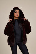 Women's Mink Bomber With Chinchilla Collar And Hood [Burgundy]