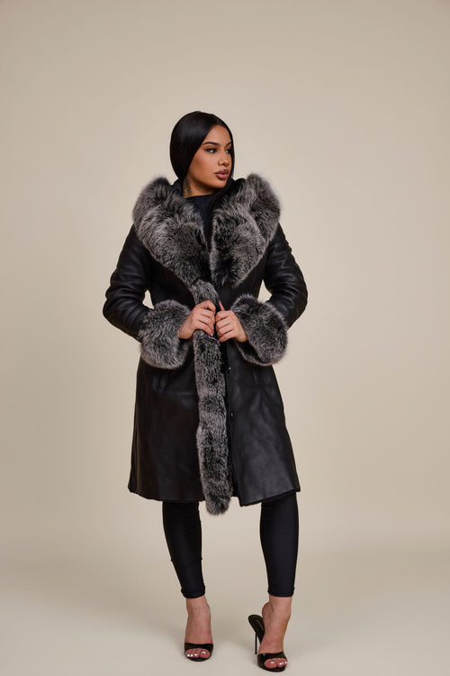 Women's Elsa Shearling Sheepskin Jacket With Fox [Black/Frosted]