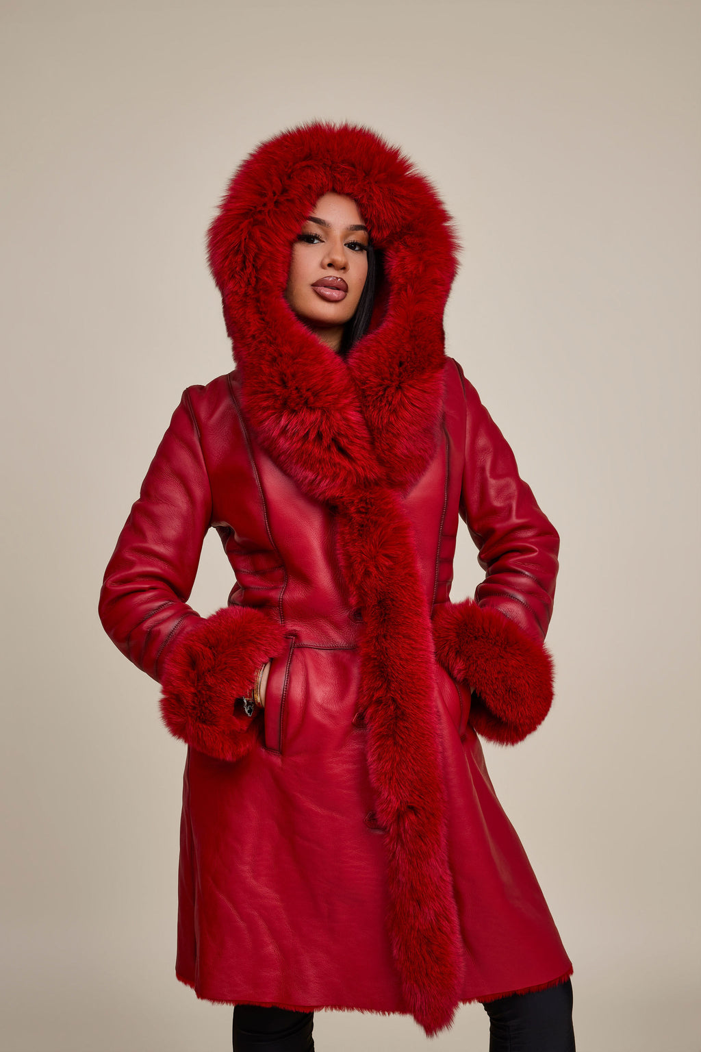 Women's Elsa Shearling Sheepskin Jacket With Fox [Red]