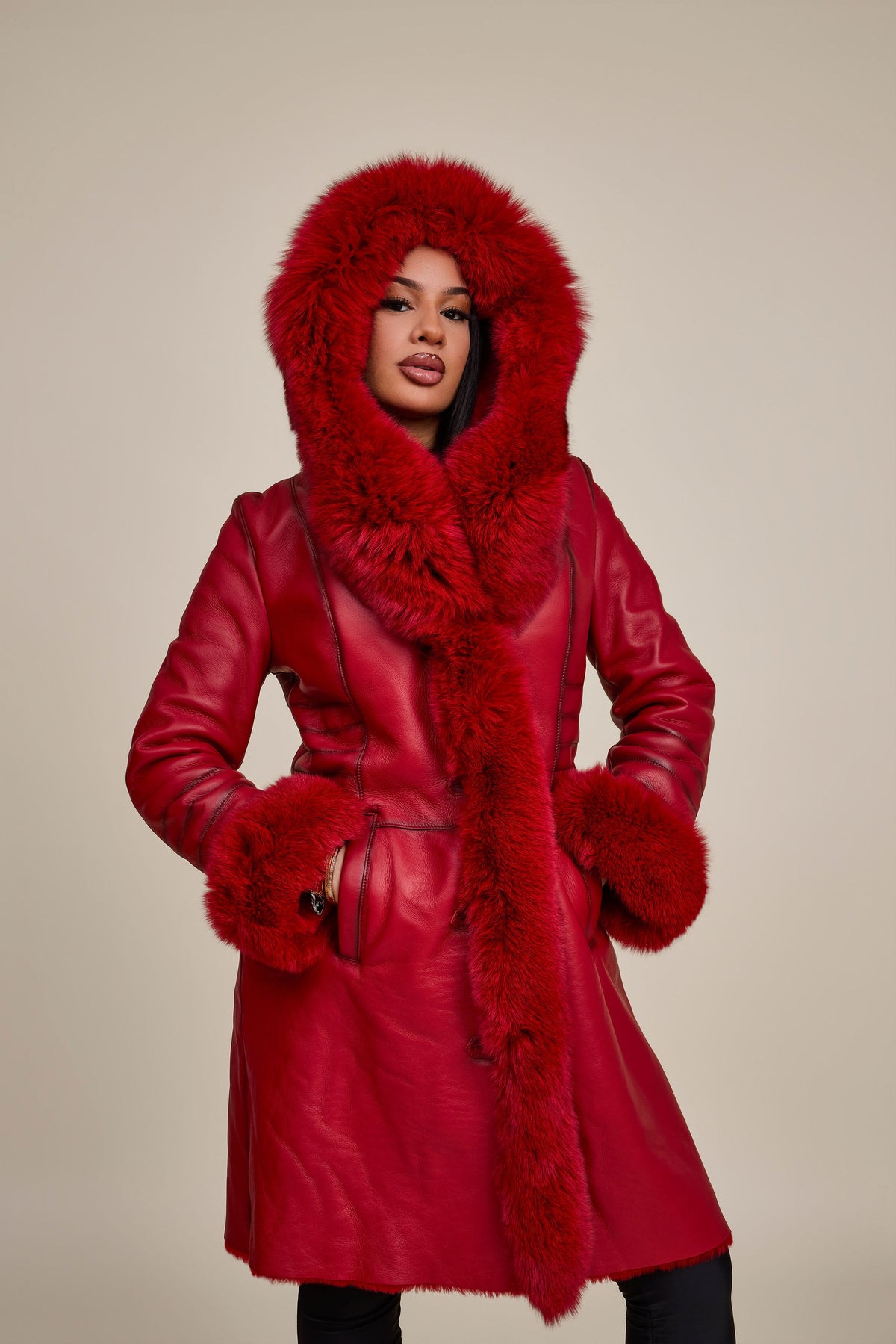 Women's Elsa Shearling Sheepskin Jacket With Fox [Red]