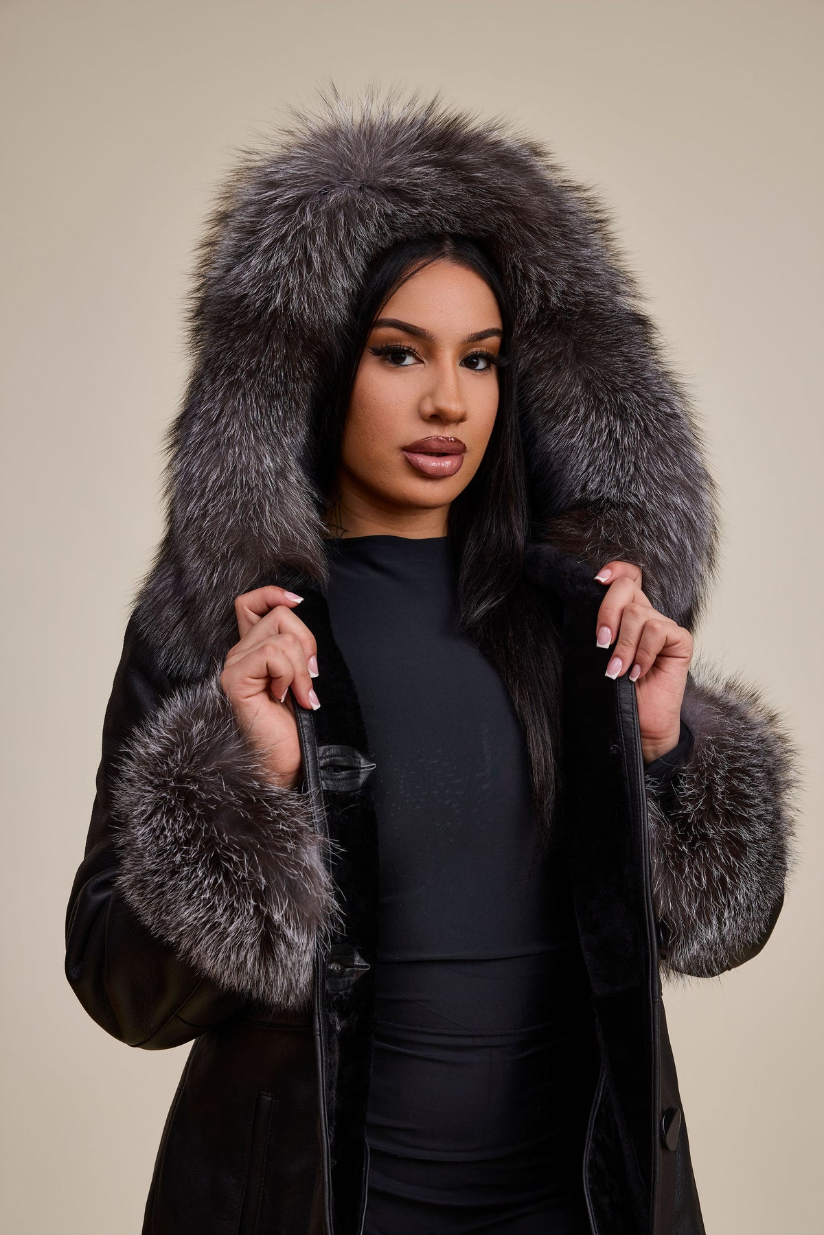 Women's Margo Shearling Sheepskin Jacket With Fox [Black/Silver]