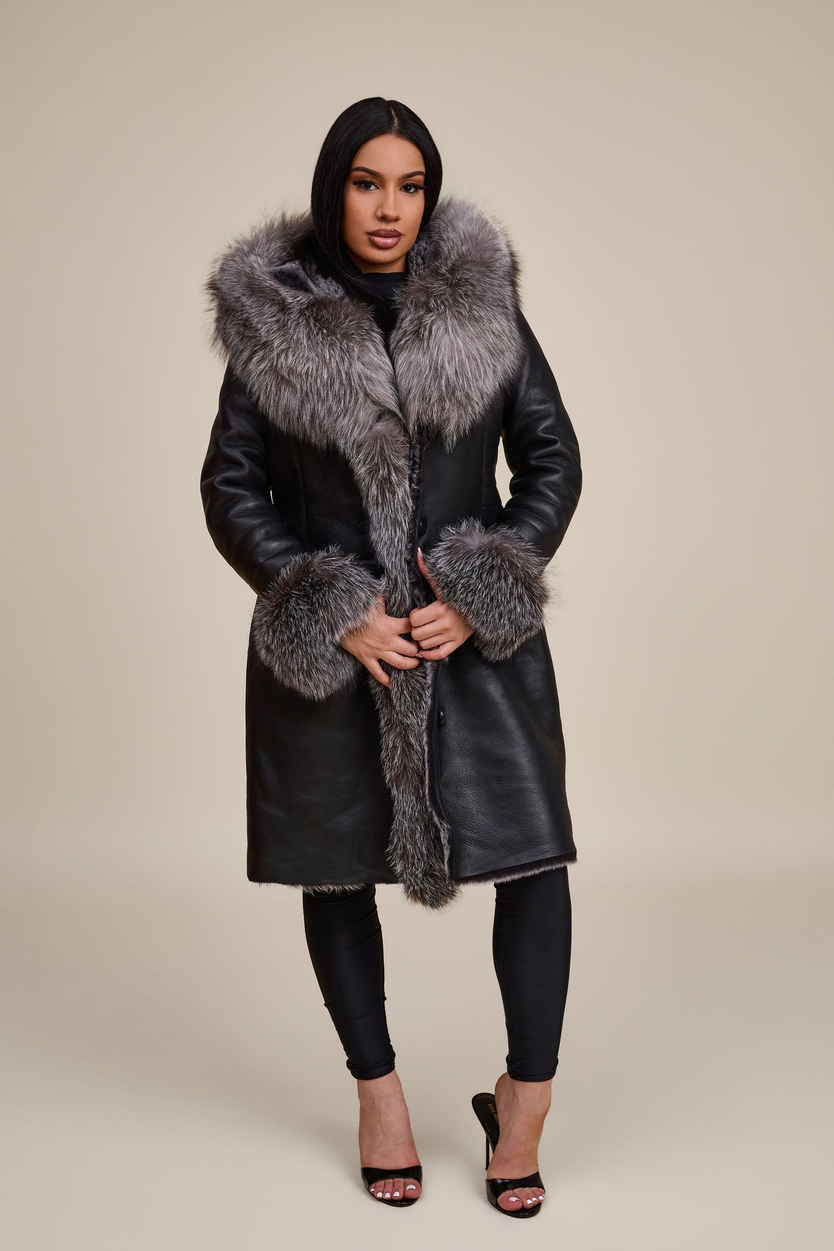 Women's Elsa Shearling Sheepskin Jacket With Fox [Black/Silver]