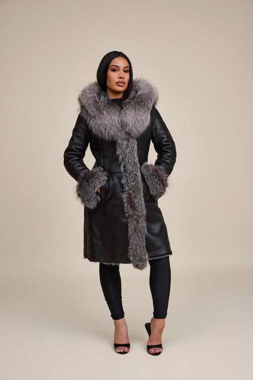 Women's Elsa Shearling Sheepskin Jacket With Fox [Black/Silver]