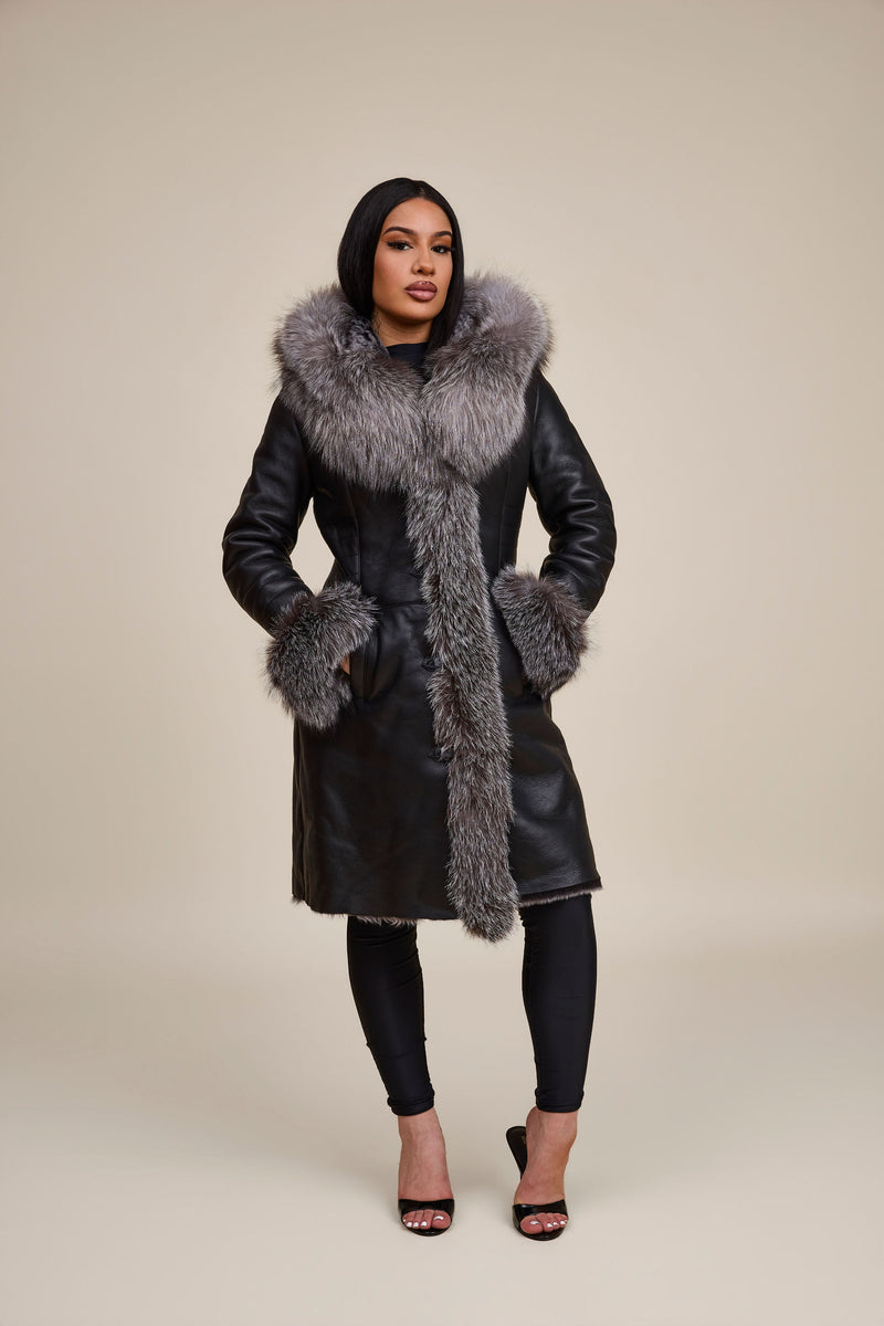 Women's Elsa Shearling Sheepskin Jacket With Fox [Black/Silver]