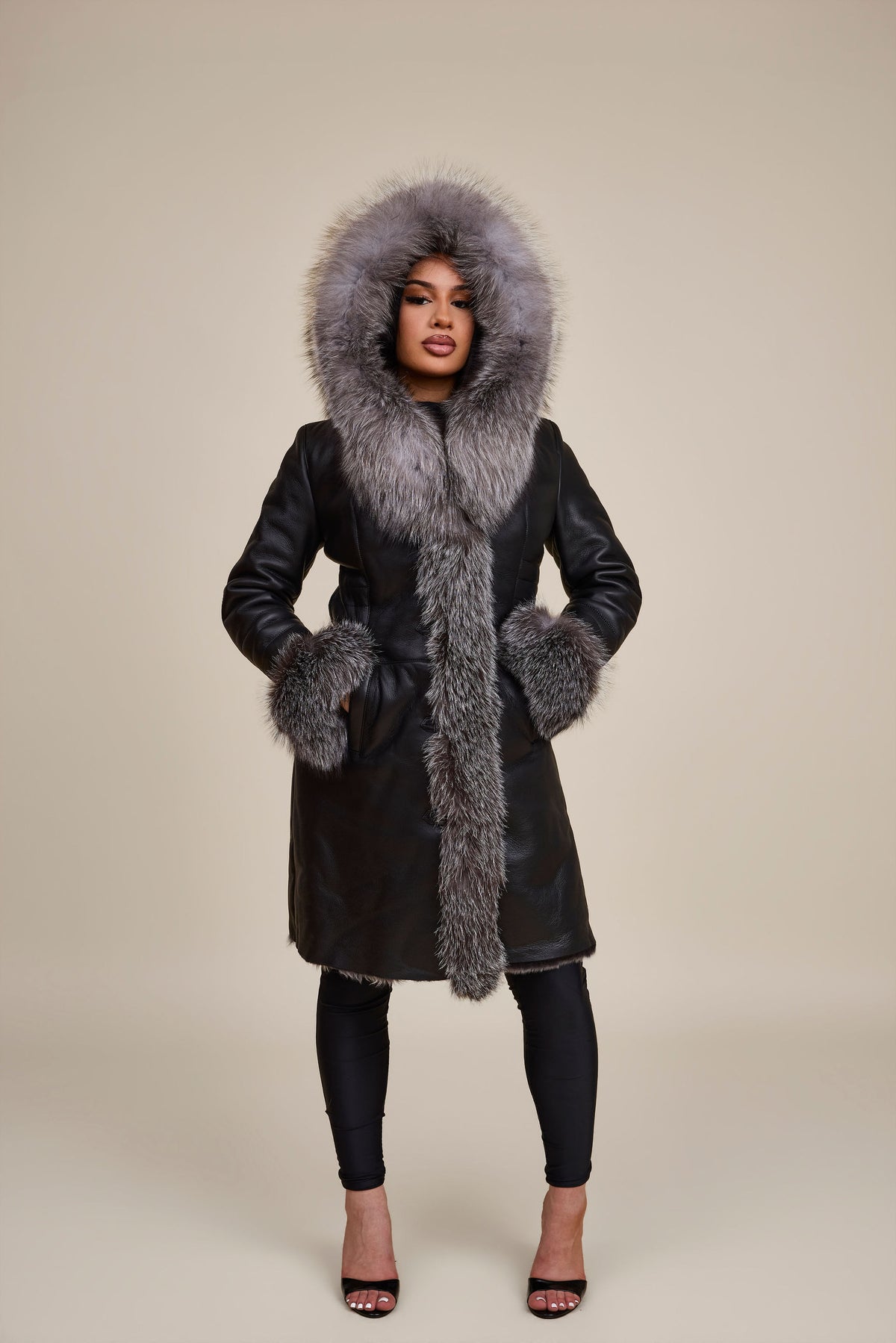 Women's Elsa Shearling Sheepskin Jacket With Fox [Black/Silver]