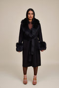Women's Deja Cashmere Trench Coat With Fur Trimming [Black]
