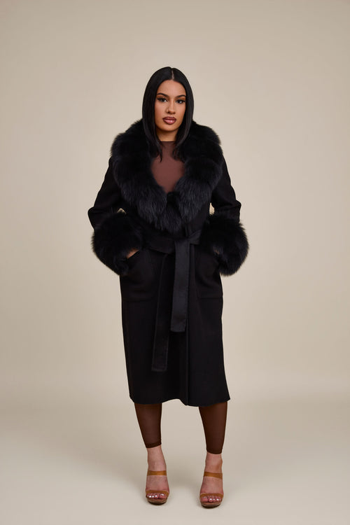 Women's Deja Cashmere Trench Coat With Fur Trimming [Black]
