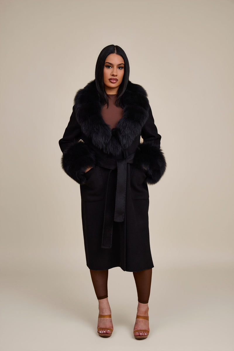 Women's Deja Cashmere Trench Coat With Fur Trimming [Black]
