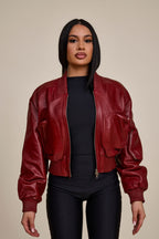 Women's Ivy Crop Leather Bomber Jacket [Burgundy]