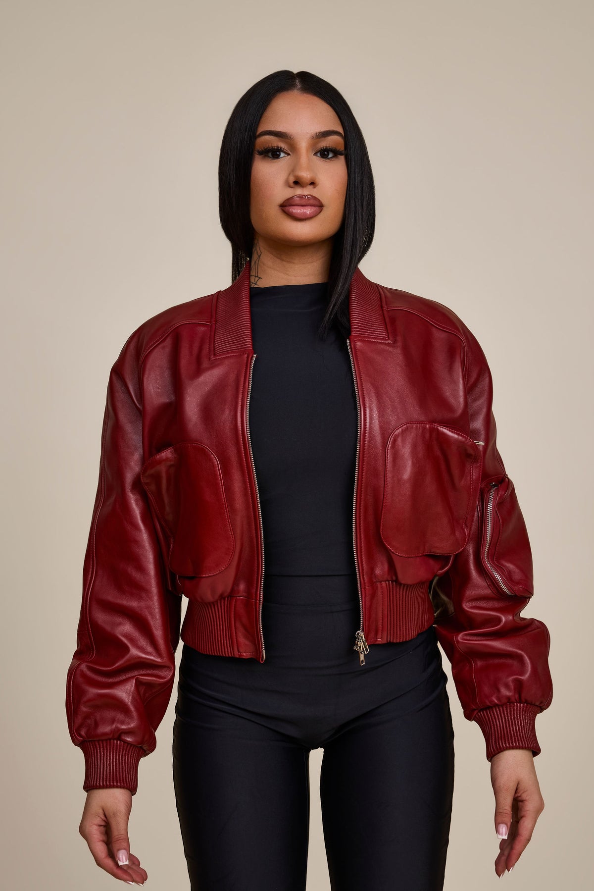 Women's Ivy Crop Leather Bomber Jacket [Burgundy]