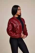 Women's Ivy Crop Leather Bomber Jacket [Burgundy]