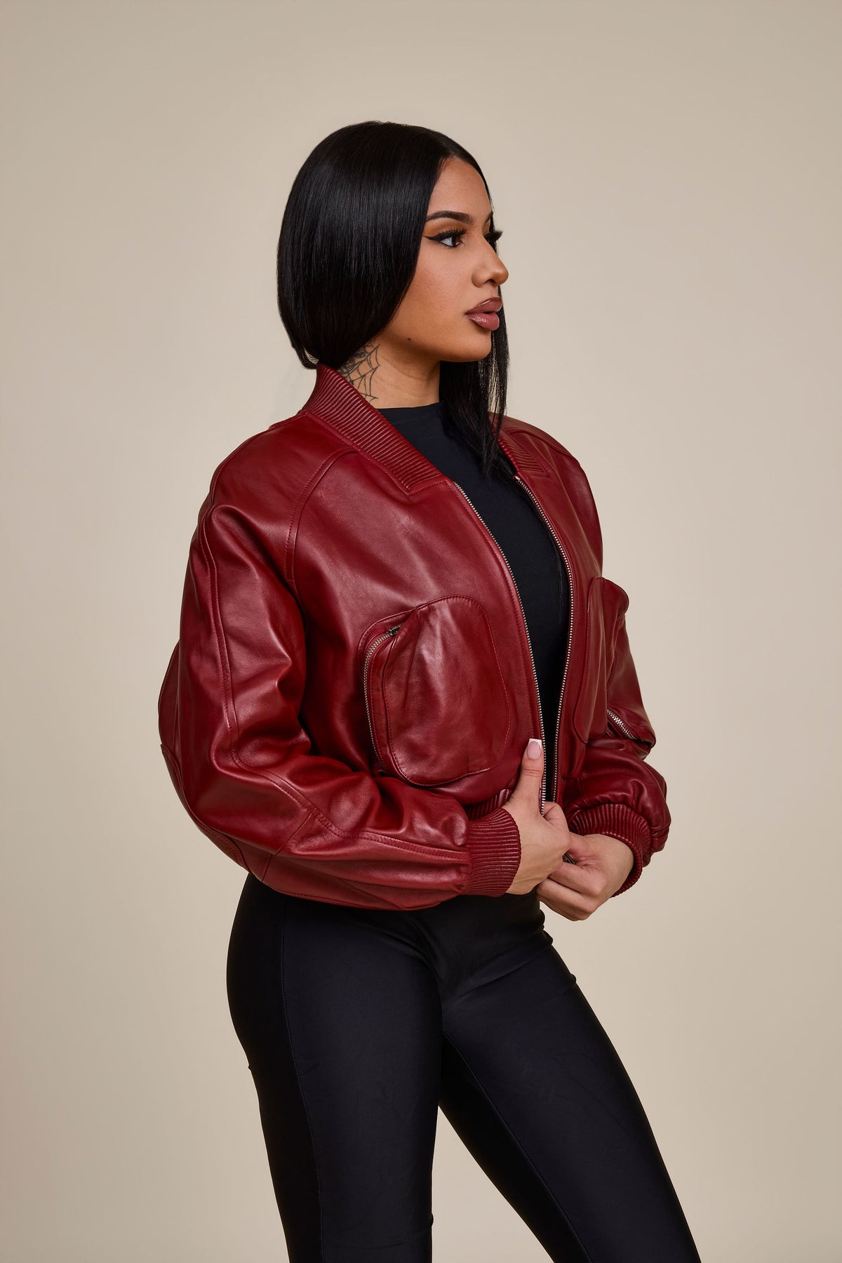 Women's Ivy Crop Leather Bomber Jacket [Burgundy]