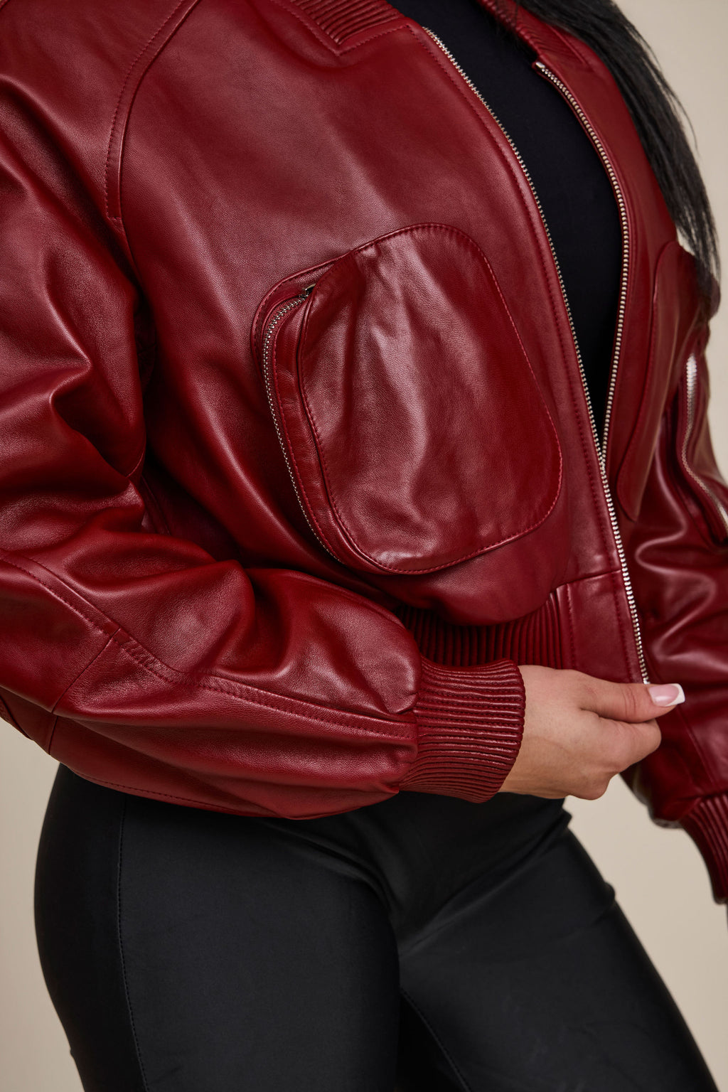 Women's Ivy Crop Leather Bomber Jacket [Burgundy]