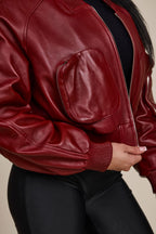Women's Ivy Crop Leather Bomber Jacket [Burgundy]