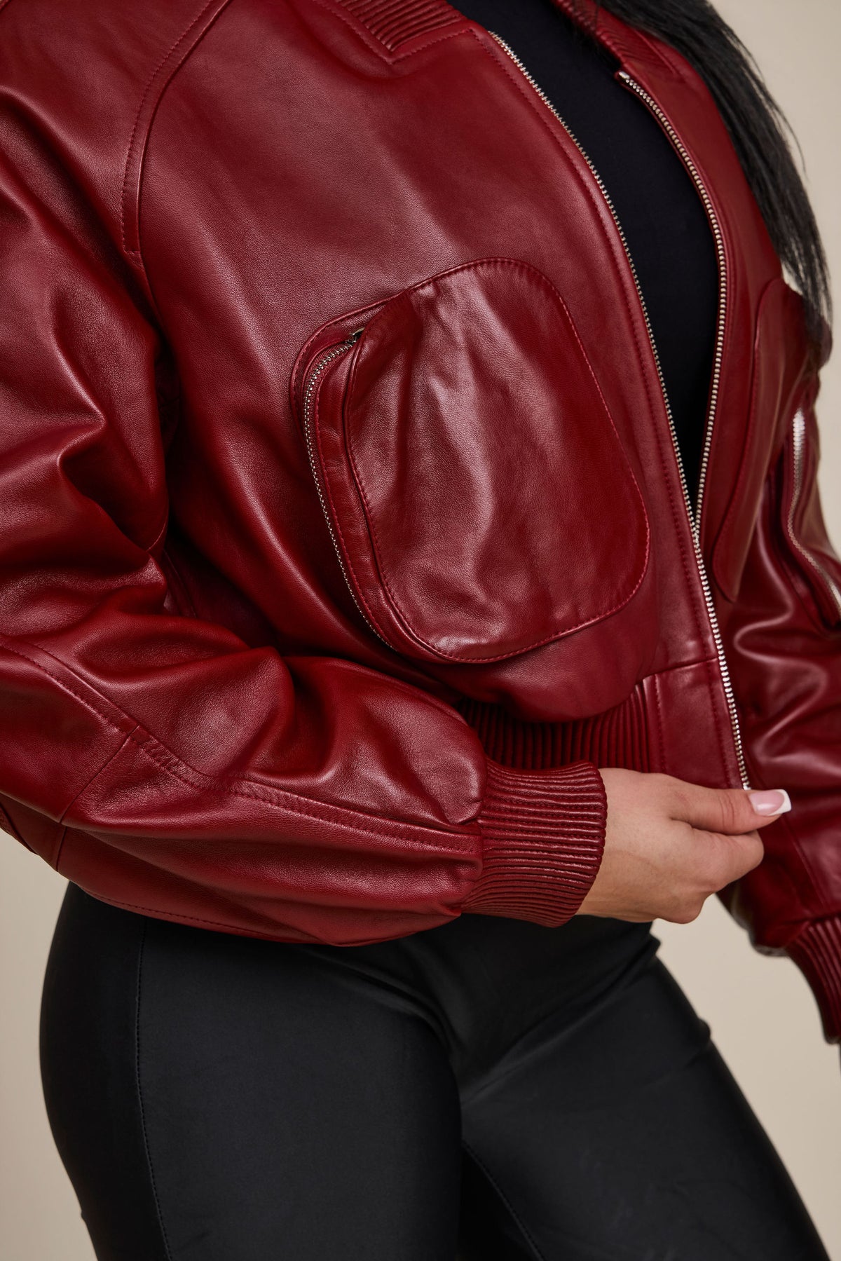 Women's Ivy Crop Leather Bomber Jacket [Burgundy]
