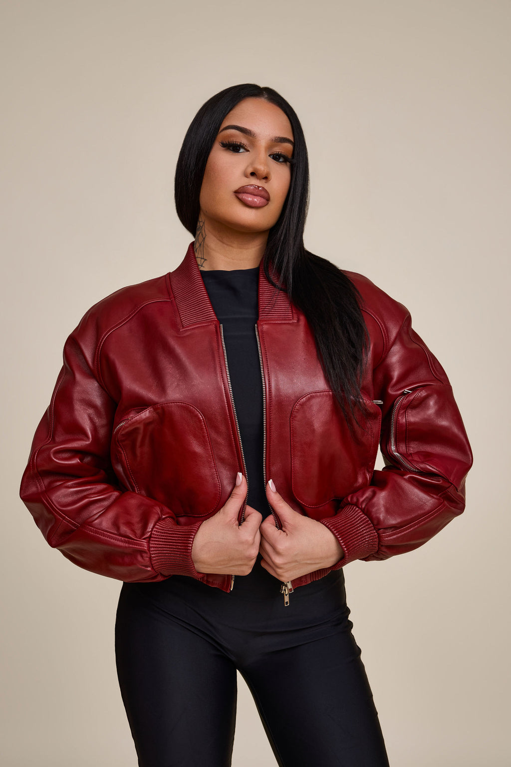 Women's Ivy Crop Leather Bomber Jacket [Burgundy]