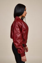 Women's Ivy Crop Leather Bomber Jacket [Burgundy]