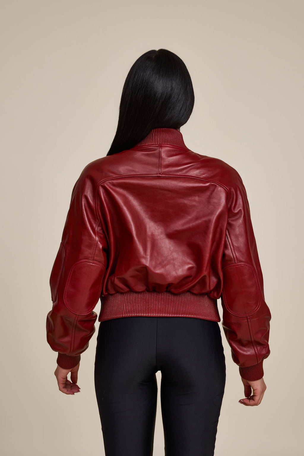 Women's Ivy Crop Leather Bomber Jacket [Burgundy]