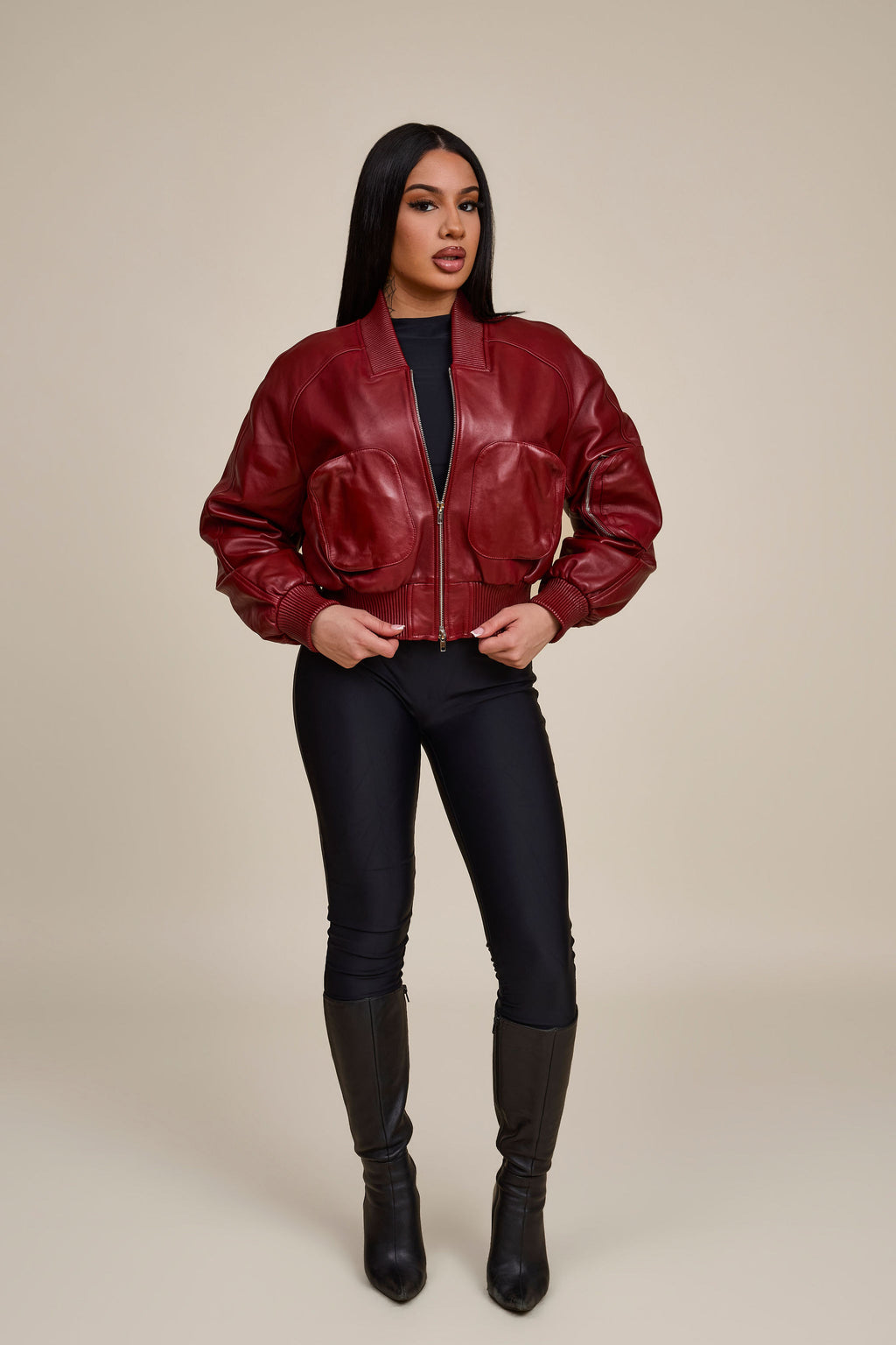 Women's Ivy Crop Leather Bomber Jacket [Burgundy]