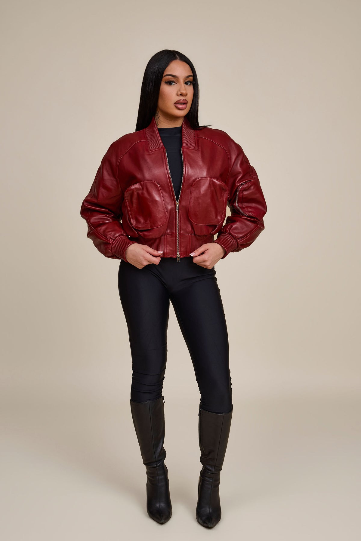 Women's Ivy Crop Leather Bomber Jacket [Burgundy]