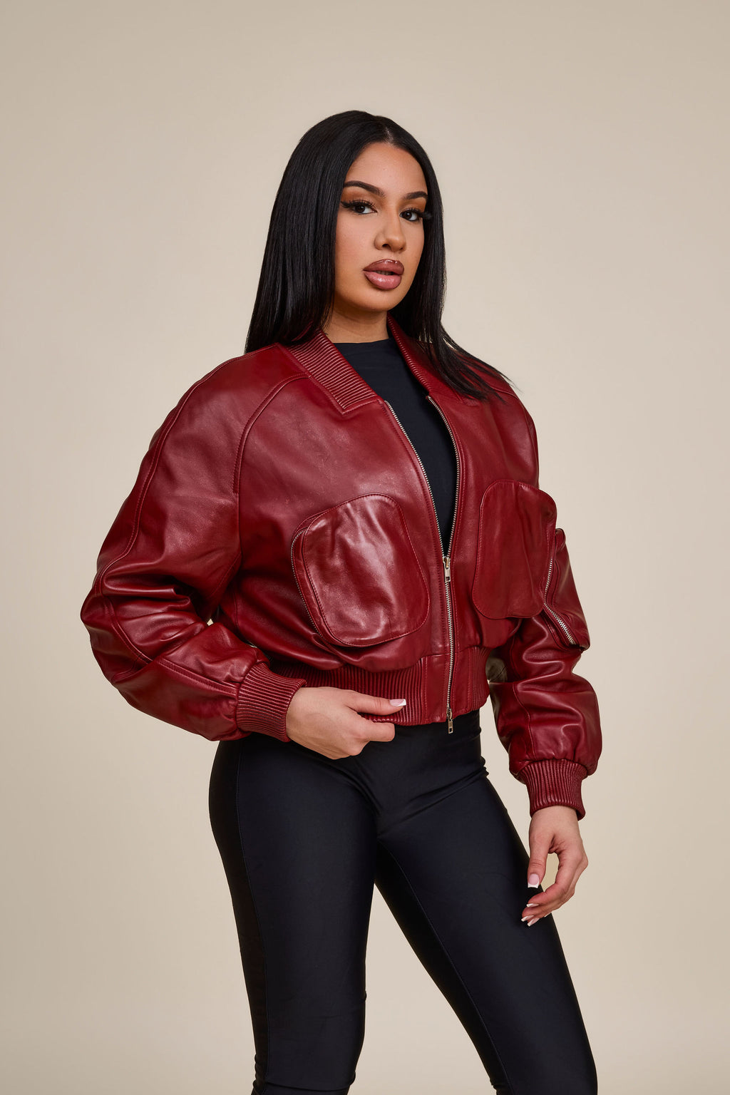 Women's Ivy Crop Leather Bomber Jacket [Burgundy]