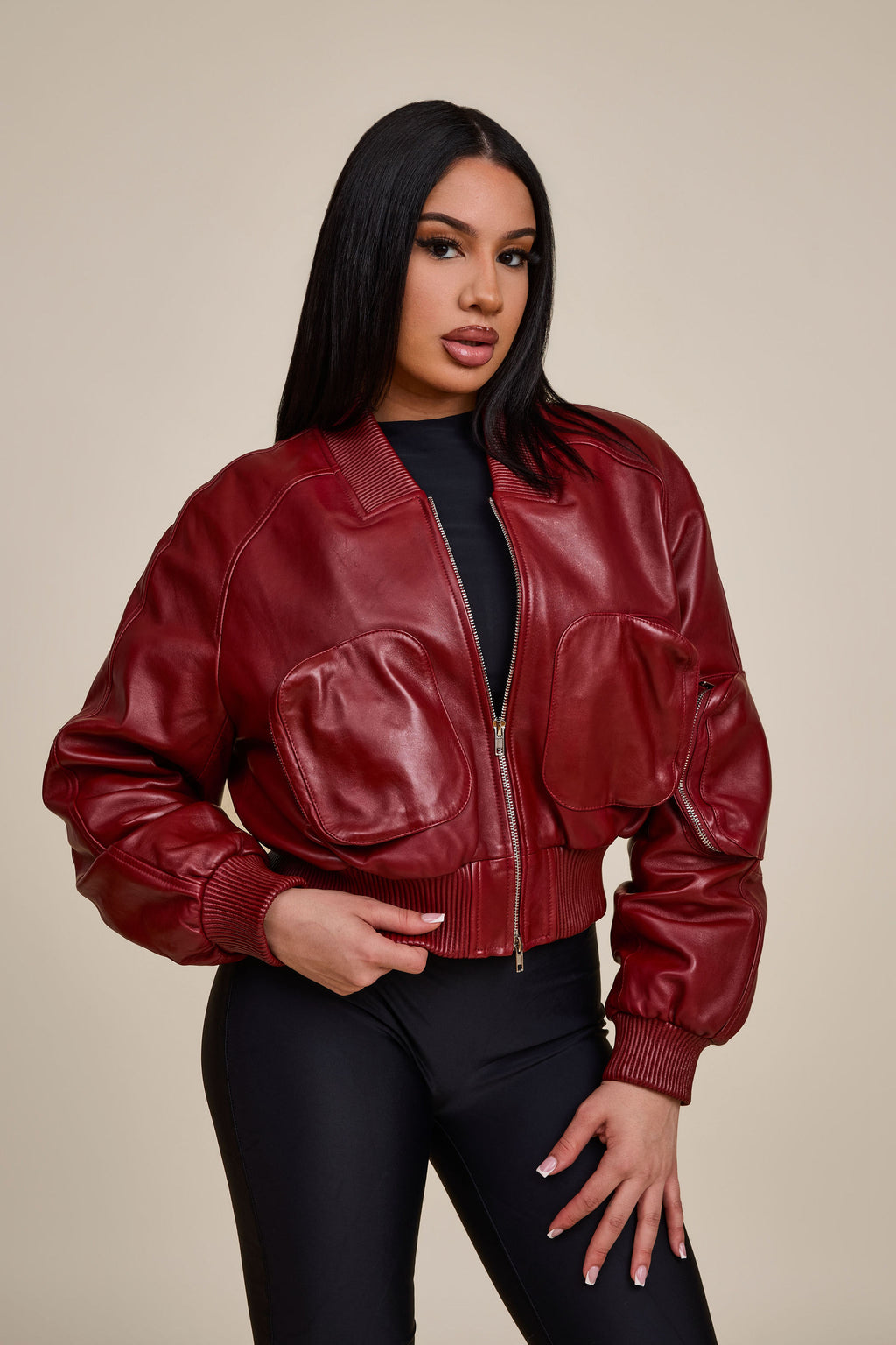 Women's Ivy Crop Leather Bomber Jacket [Burgundy]
