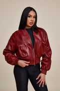 Women's Ivy Crop Leather Bomber Jacket [Burgundy]