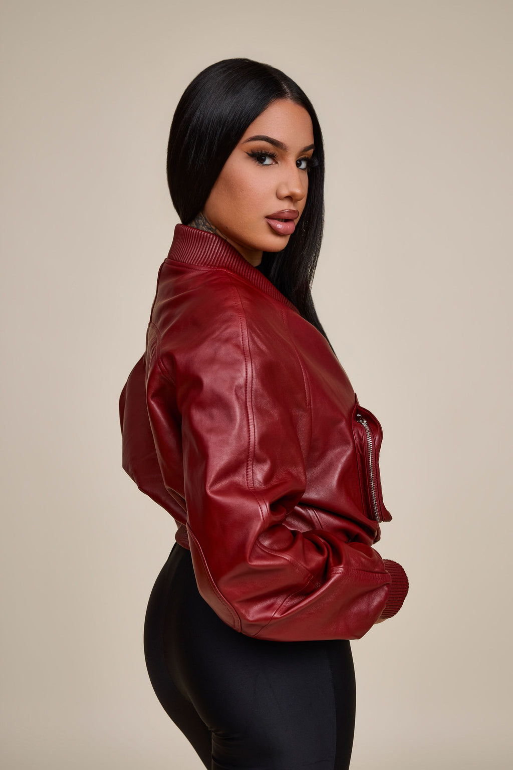 Women's Ivy Crop Leather Bomber Jacket [Burgundy]