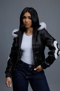 Women's 8 Ball Jacket With Premium Fox Fur Hood [Black/White]