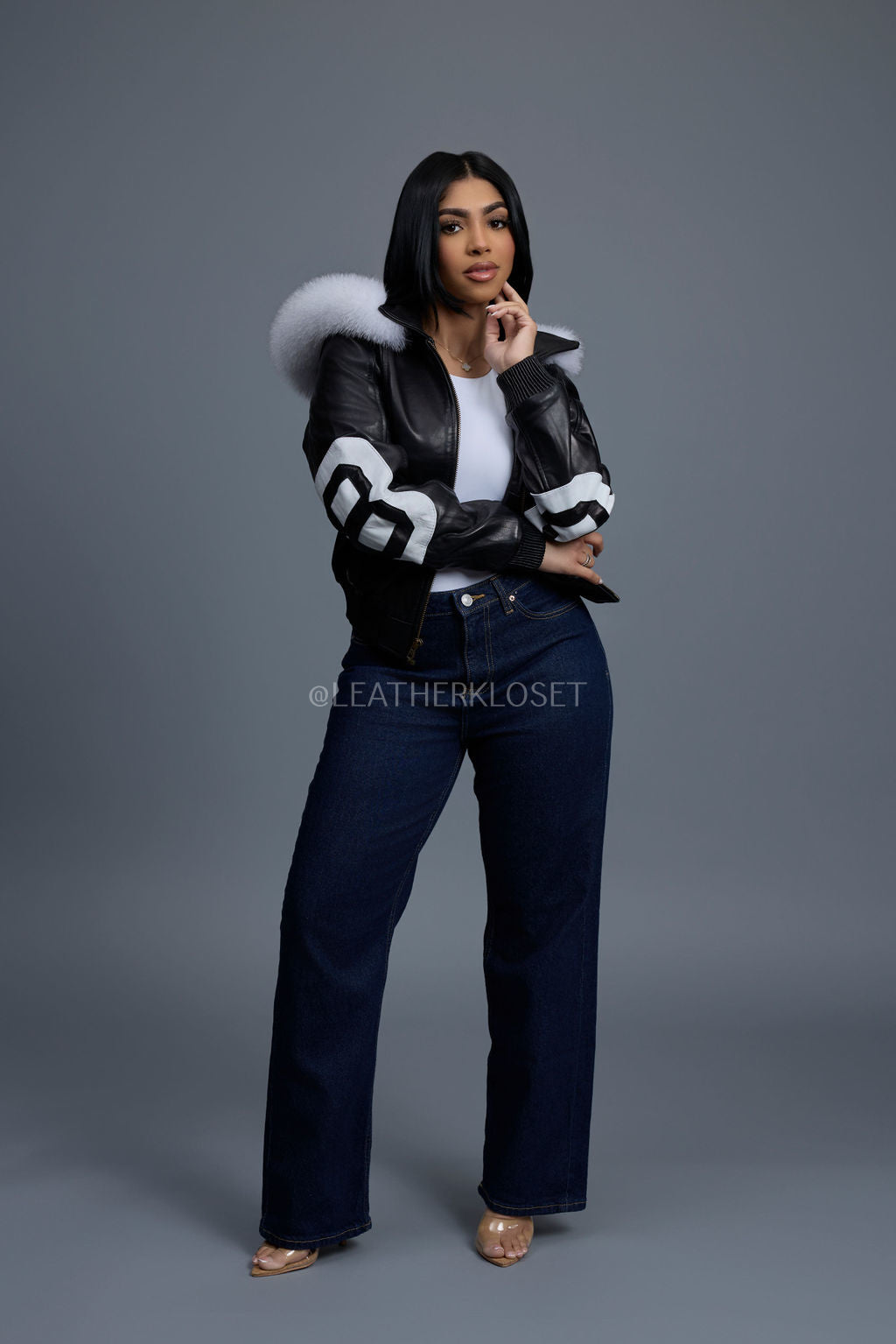 Women's 8 Ball Jacket With Premium Fox Fur Hood [Black-White/Natural White Fox]