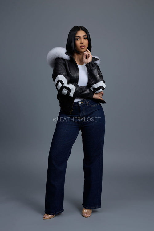 Women's 8 Ball Jacket With Premium Fox Fur Hood [Black/White]