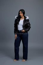 Women's 8 Ball Jacket With Premium Fox Fur Hood [Black-White/Natural White Fox]