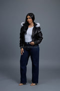 Women's 8 Ball Jacket With Premium Fox Fur Hood [Black/White]
