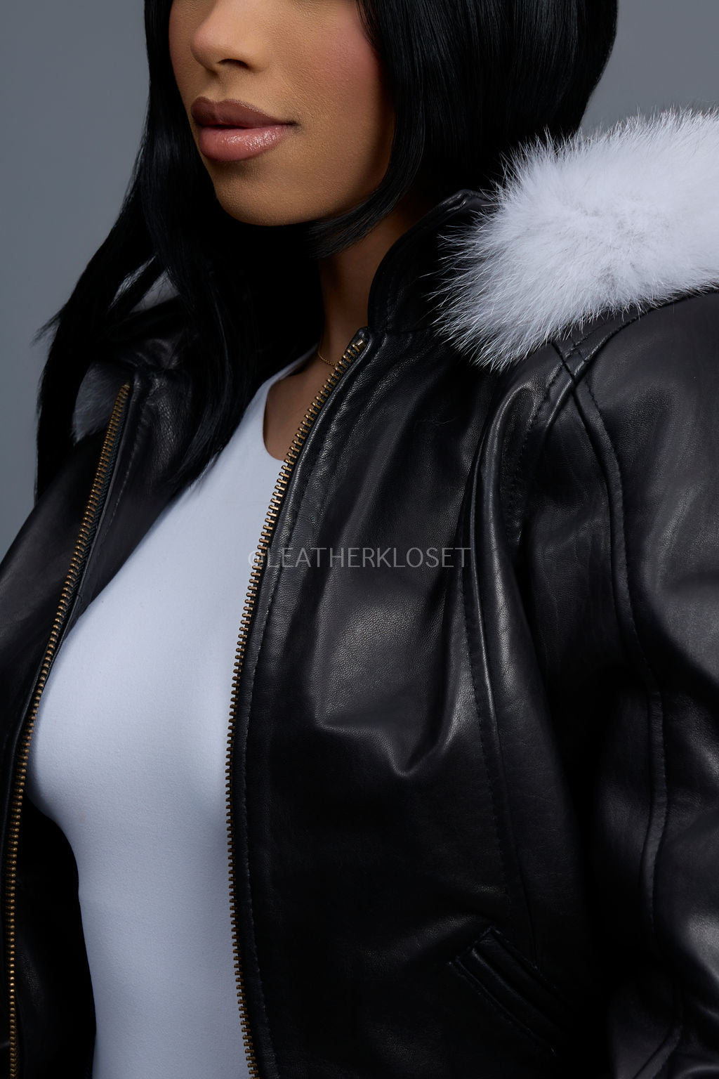 Women's 8 Ball Jacket With Premium Fox Fur Hood [Black-White/Natural White Fox]