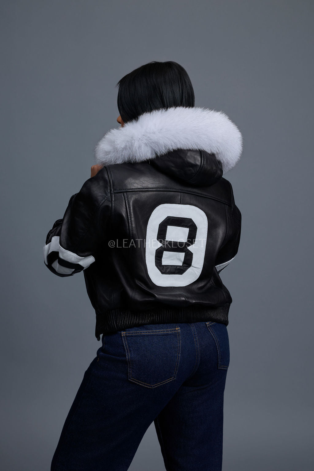 Women's 8 Ball Jacket With Premium Fox Fur Hood [Black-White/Natural White Fox]