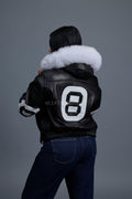 Women's 8 Ball Jacket With Premium Fox Fur Hood [Black/White]