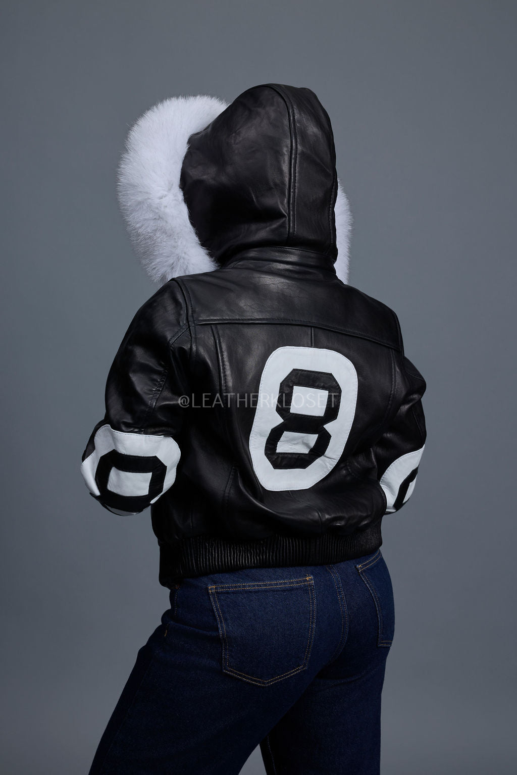 Women's 8 Ball Jacket With Premium Fox Fur Hood [Black-White/Natural White Fox]