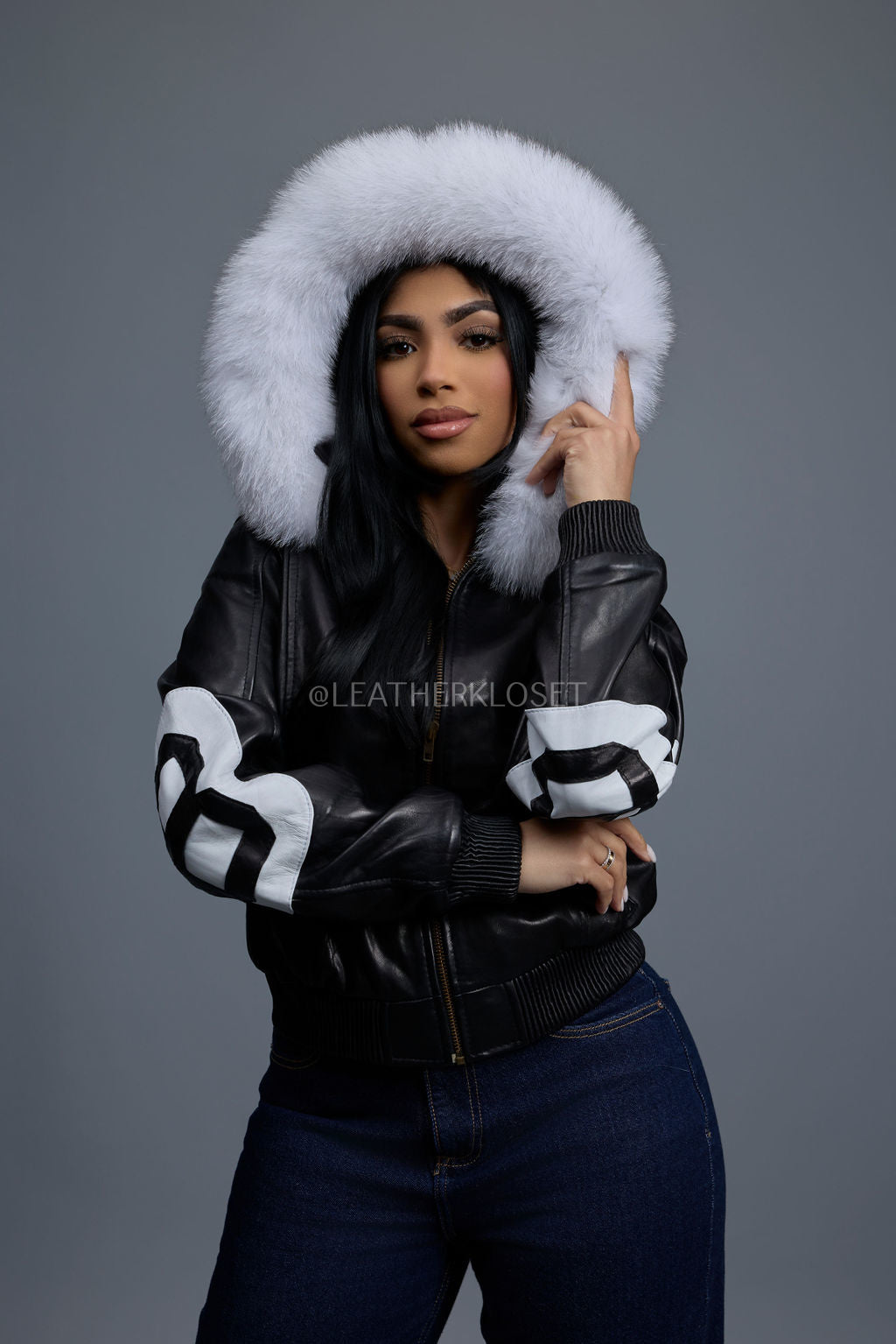Women's 8 Ball Jacket With Premium Fox Fur Hood [Black-White/Natural White Fox]