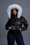 Women's 8 Ball Jacket With Premium Fox Fur Hood [Black/White]