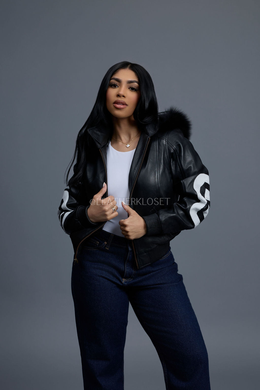 Women's 8 Ball Jacket With Premium Fox Fur Hood [Black-White/Black Fox]