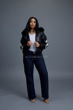 Women's 8 Ball Jacket With Premium Fox Fur Hood [Black-White/Black Fox]