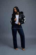 Women's 8 Ball Jacket With Premium Fox Fur Hood [Black-White/Black Fox]