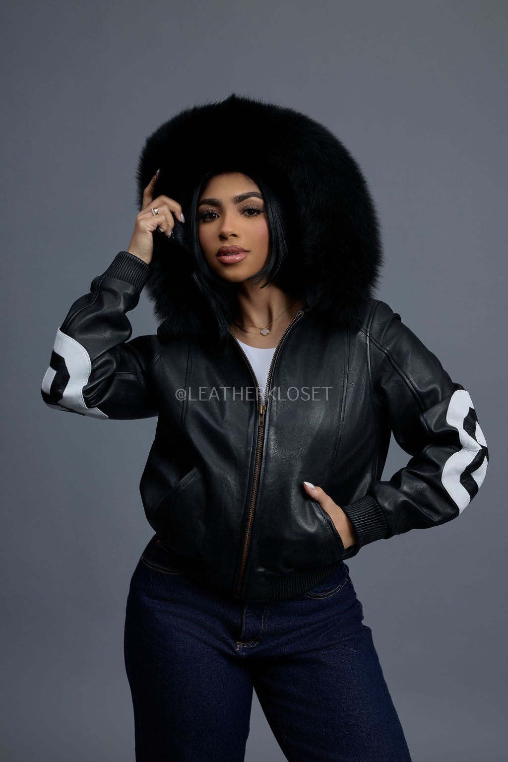 Women's 8 Ball Jacket With Premium Fox Fur Hood [Black-White/Black Fox]