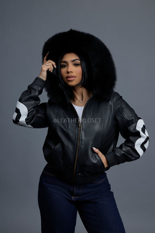 Women's 8 Ball Jacket With Premium Fox Fur Hood [Black-White/Black Fox]
