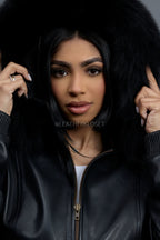 Women's 8 Ball Jacket With Premium Fox Fur Hood [Black-White/Black Fox]