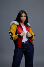 Women's Leather 8 Ball Jacket With Fox Hood [Natural White Fox]