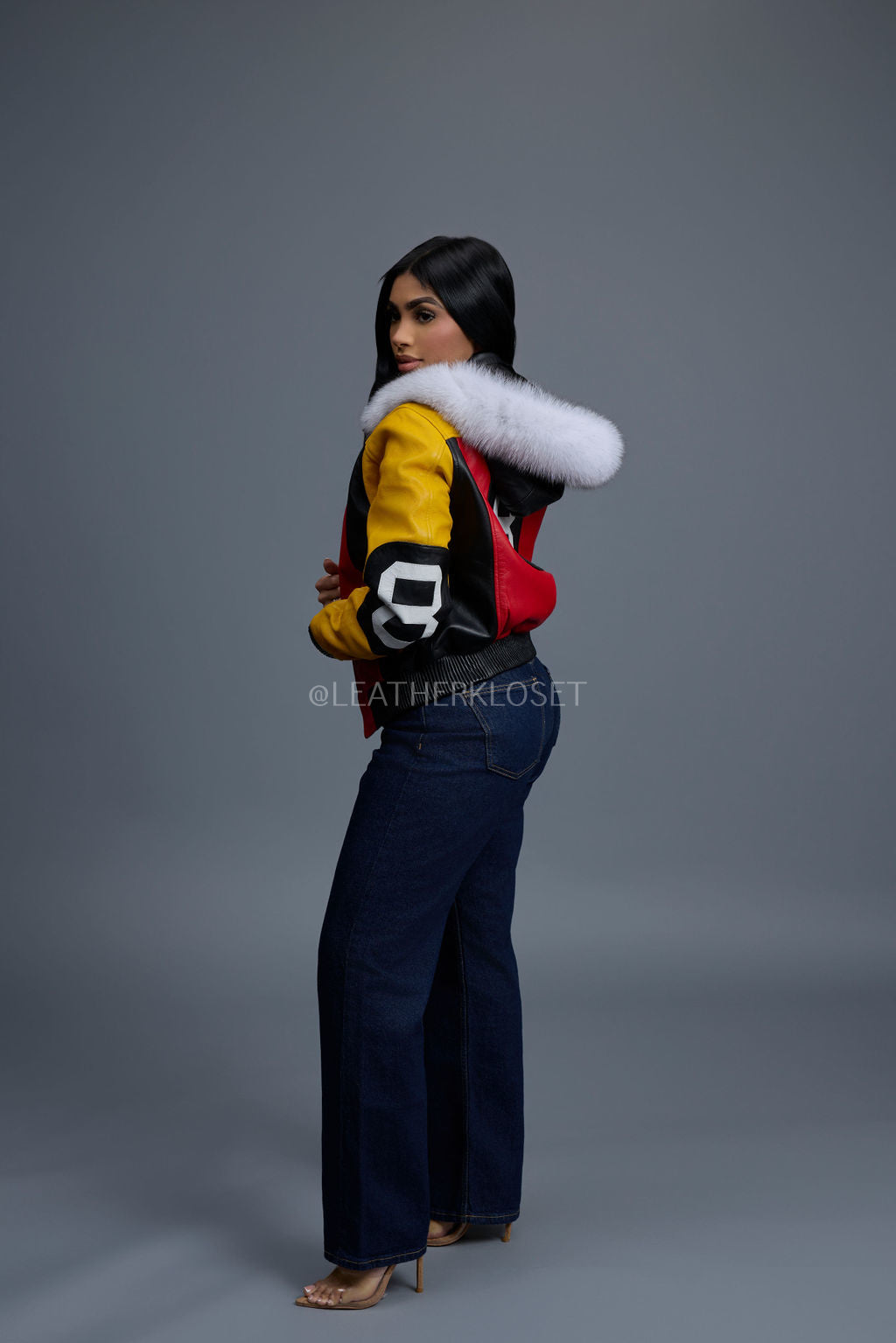 Women's Leather 8 Ball Jacket With Fox Hood [Natural White Fox]
