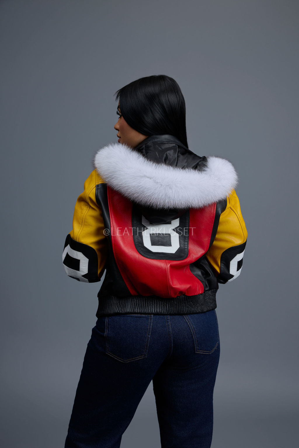 Women's Leather 8 Ball Jacket With Fox Hood [Natural White Fox]